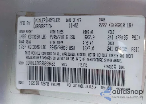 2003 Dodge Dakota z USA, uszkodzony, nr VIN 1D7HL12X33S209452